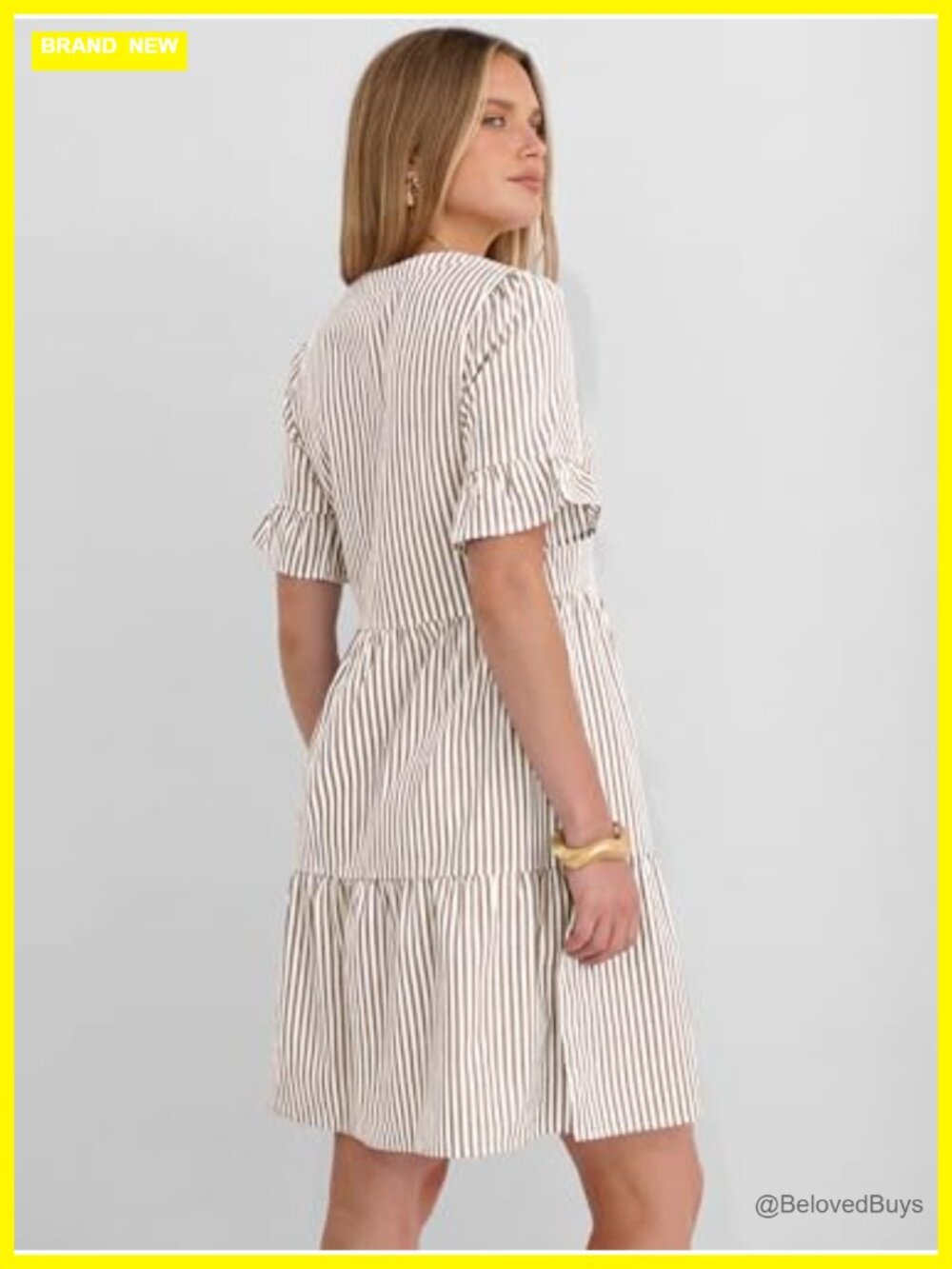 Striped V Neck Ruffle Sleeve A Line Tiered Flowy Mini Dress with Pockets - Picture 5 of 7